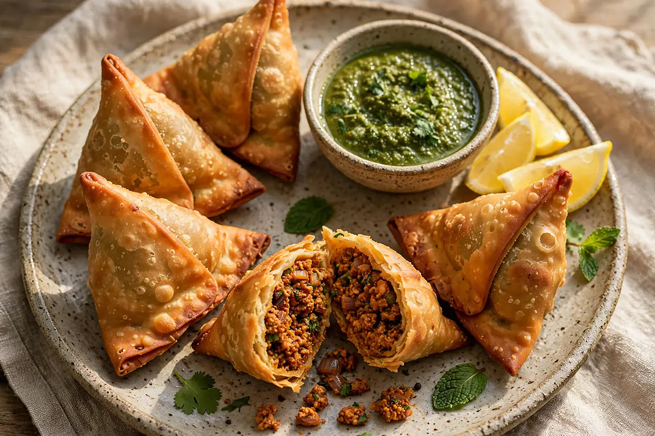 Crispy Chicken Kheema Samosa Recipe (With Folding & Frying Tips) Golden crispy chicken kheema samosas on a plate with mint chutney and lemon wedges.