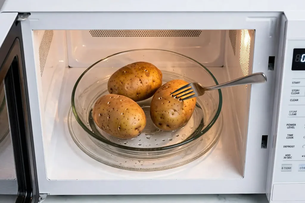 Crispy, Fragrant Microwave Jeera Aloo (Cumin Spiced Potatoes) Three whole potatoes in clear glass dish with water droplets being pierced 5-6 times with a fork, dish sitting on microwave turntable inside open white microwave oven