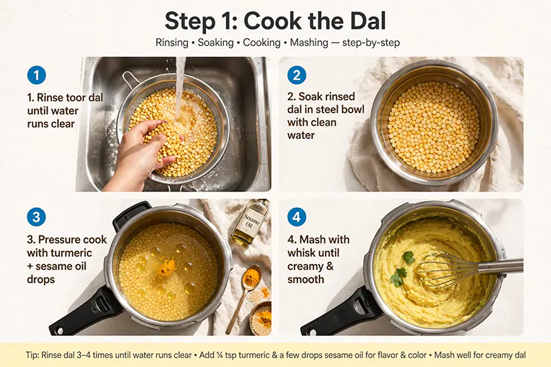Authentic Bitter Gourd Pitlai Recipe (Pavakkai Pitlai) Step 1 Cooking dal