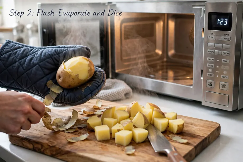 Crispy, Fragrant Microwave Jeera Aloo (Cumin Spiced Potatoes) Hot steaming potatoes in glass bowl just taken from microwave, oven mitts, cutting board, interior microwave light visible, showing dry matte skin ready to peel