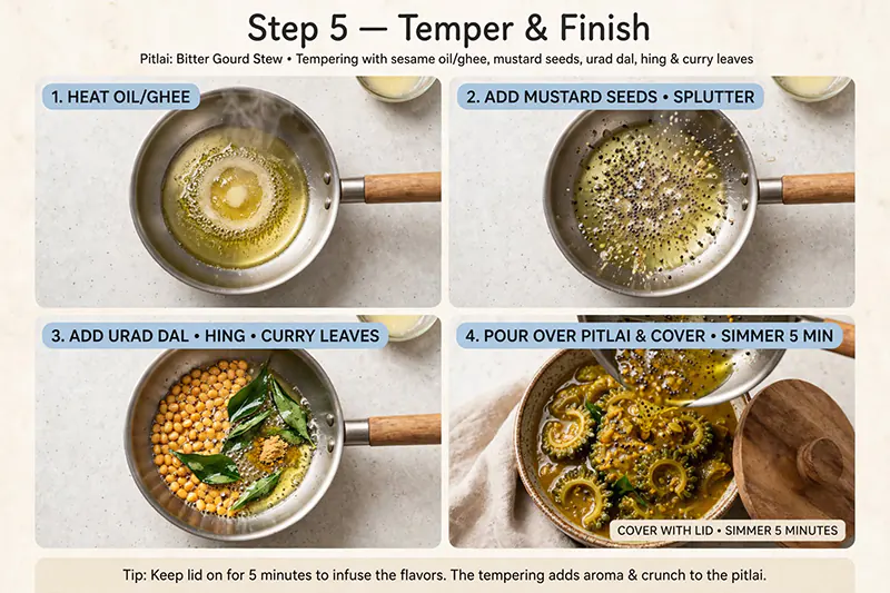 Authentic Bitter Gourd Pitlai Recipe (Pavakkai Pitlai) Step 5: Temper and Finish