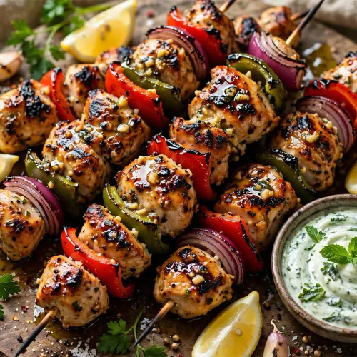 Grilled chicken espetada skewers garnished with fresh parsley and melted garlic butter on a platter.