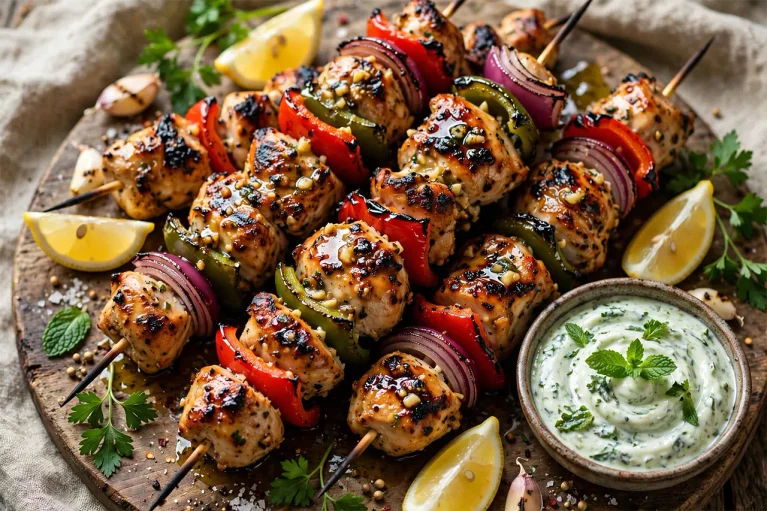 Chicken Espetada Recipe (Juicy Portuguese-Goan Skewers at Home) Grilled chicken espetada skewers garnished with fresh parsley and melted garlic butter on a platter.