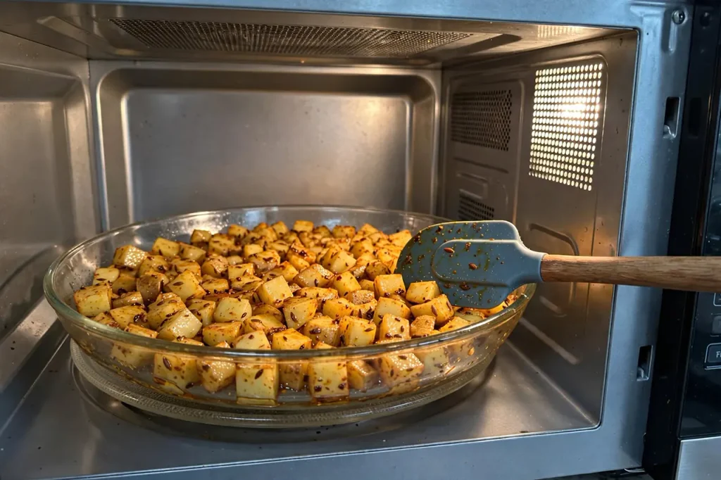 Crispy, Fragrant Microwave Jeera Aloo (Cumin Spiced Potatoes) Uniform 1-inch potato cubes glossy and coated in cumin spiced oil spread in single layer in glass dish inside microwave, silicone spatula folding, interior microwave walls visible
