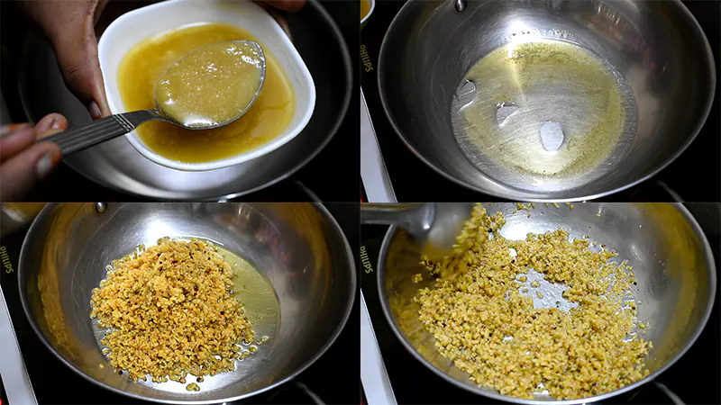 Authentic Khara Pongal Recipe (Hotel-Style Ven Pongal in Pressure Cooker) Sauté the Dal in Ghee