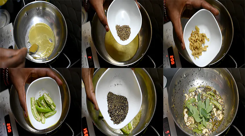 Authentic Khara Pongal Recipe (Hotel-Style Ven Pongal in Pressure Cooker) Prepare Tadka with ghee, cumin, ginger, green chillies, black pepper, cashew and curry leaves.