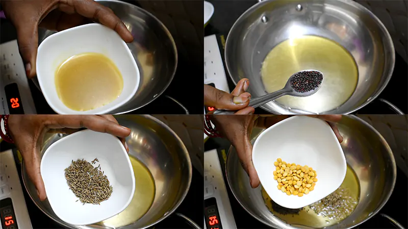 Traditional Coconut Rice Recipe (Thengai Sadam / Kobbari Annam) Mustard seeds spluttering with cumin seeds and chana dal in warm ghee
