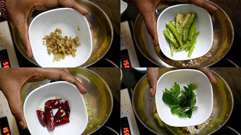 Traditional Coconut Rice Recipe (Thengai Sadam / Kobbari Annam) Sliced ginger, green chillies, red chillies, and curry leaves sizzling in the pan