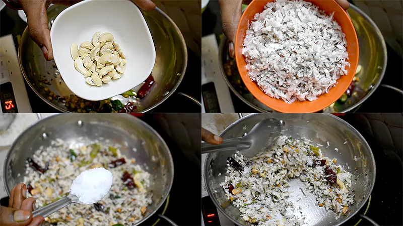 Traditional Coconut Rice Recipe (Thengai Sadam / Kobbari Annam) Grated coconut, cashews, and salt being gently sautéed in the pan