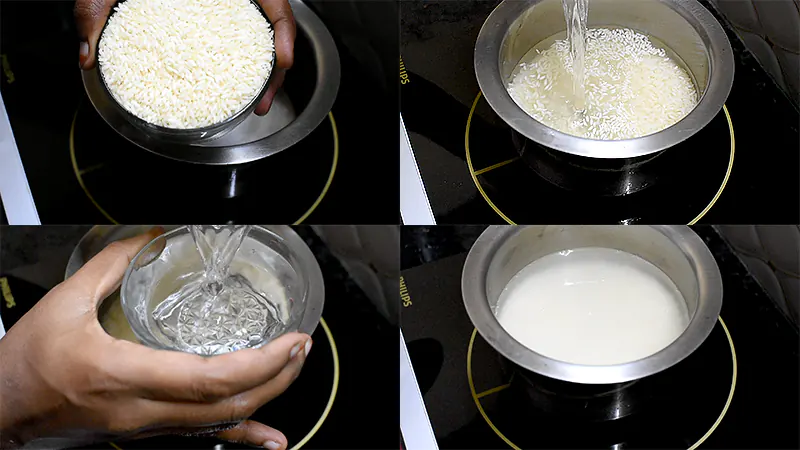 Authentic South Indian Curd Rice Recipe (Temple-Style Daddojanam) wash rice grains and measure water to rice in 1:2 ratio.