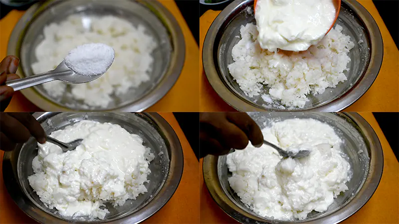 Authentic South Indian Curd Rice Recipe (Temple-Style Daddojanam) Sprinkle salt and mix curd to get creamy layer.