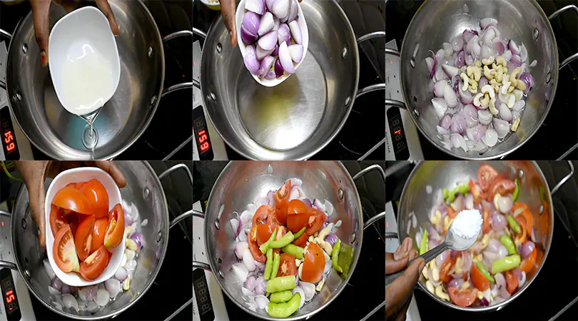 Restaurant-Style Paneer Masala Recipe at Home 1 Sauté the Onions, Cashews, and Tomatoes with little salt.