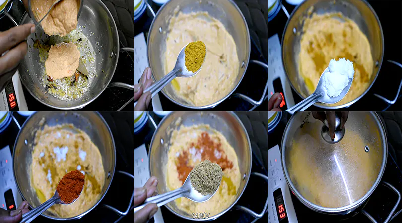 Restaurant-Style Paneer Masala Recipe at Home Cook the Masala Paste with Ground Spices (turmeric, salt, chilli and coriander powder)