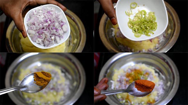 Add finely sliced onions, green chillies, turmeric powder and red chilli powder.