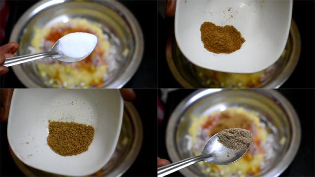 Add salt, garam masala, chat masala and coriander powder.