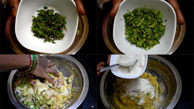 Add mint leaves, coriander leaves and bread powder. Mix well.