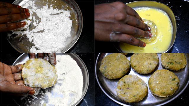 Coat Potato cutlet in corn flour, egg froth and bread powder.