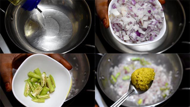 Heat oil in a pan, add sliced onions, green chillies and ginger-garlic paste.