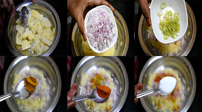 Crispy Aloo Cutlet Recipe (Golden Indian Potato Patties) Season potato mash with onions, chillies, turmeic, red chilli powder and salt