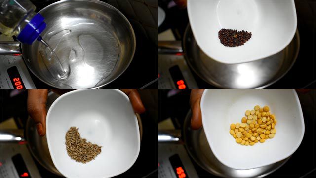 Heat oil in a pan, add mustard seeds, jeera and chana dal.
