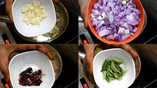 Put finely sliced garlic and onions, dry red chillies and curry leaves.