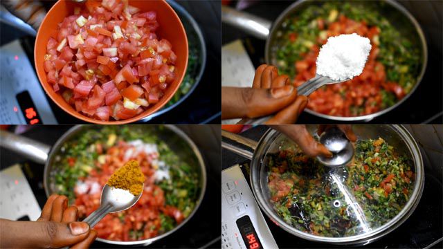 Put tomatoes, sprinkle salt and turmeric powder to make Thotakura Tomato Curry.