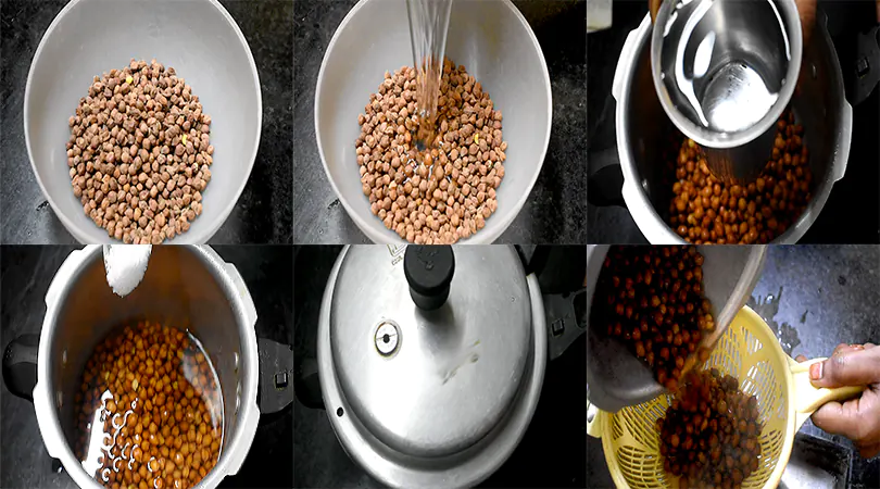Authentic Senagalu Talimpu (Andhra Style Tempered Black Chickpeas) Soak chickpeas for 8 hours and pressure cook by adding water and salt.