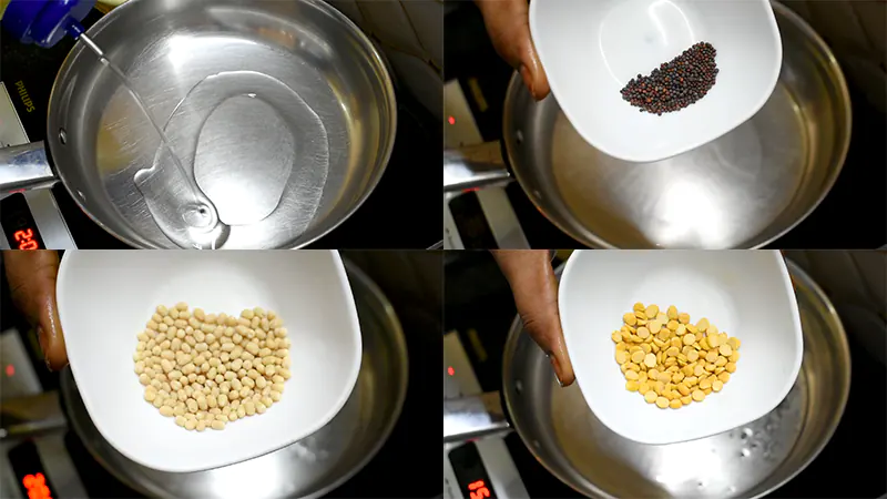 Authentic Senagalu Talimpu (Andhra Style Tempered Black Chickpeas) Add little oil, mustard seeds, moon dal and chana dal.