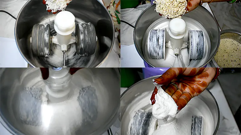 Authentic Poornam Boorelu Recipe (Andhra Poornalu) First grind rice and then add urad dal. Grind to smooth paste.