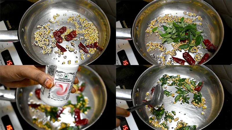 Authentic Senagalu Talimpu (Andhra Style Tempered Black Chickpeas) Add dry red chillies, curry leaves and asofetida.