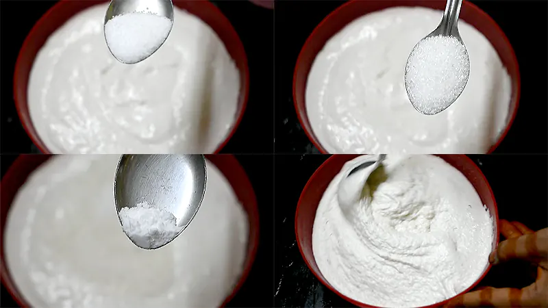Authentic Poornam Boorelu Recipe (Andhra Poornalu) Add salt, sugar and baking soda. Mix well.