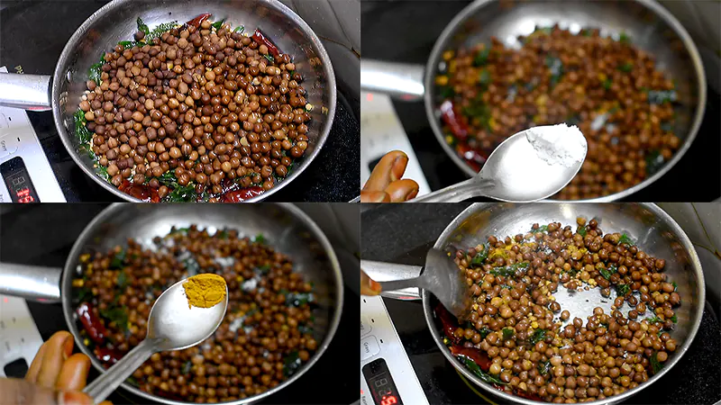 Authentic Senagalu Talimpu (Andhra Style Tempered Black Chickpeas) Add cooked chickpeas, sprinkle salt, turmeric powder and toss ingredients.webp