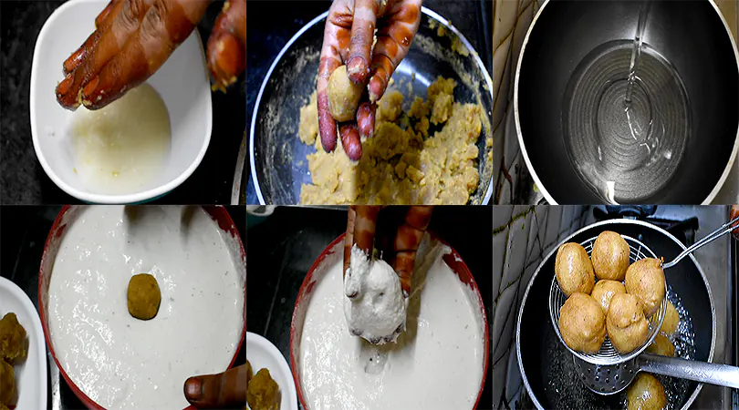 Authentic Poornam Boorelu Recipe (Andhra Poornalu) Shape, Coat, and Deep-Fry the Boorelu