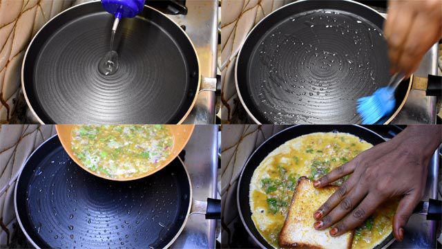 Add little oil and pour omelette mix and spread over pan. 