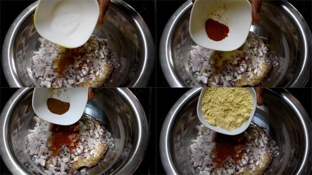 Add salt, red chilli powder, garam Masala powder and besan powder.