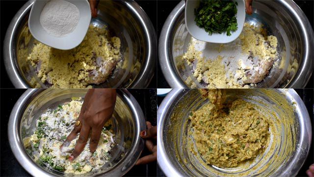 Put rice flour and coriander leaves to make fish egg cutlet