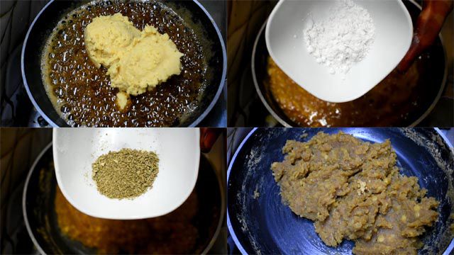 Add chana dal paste in syrup, cardamom powder and fennel seeds (sonf)