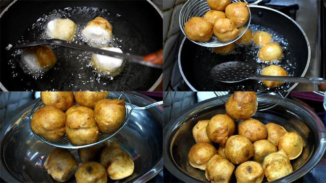 Once Poornam Boorelu Recipe is deep fried transfer to another vessel.