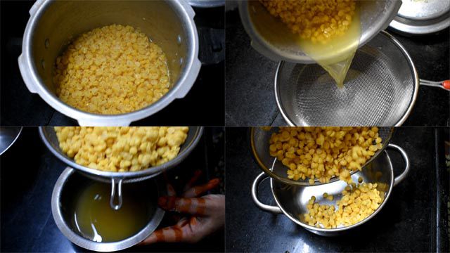 Drain chana dal stock to make Poornalu Recipe.