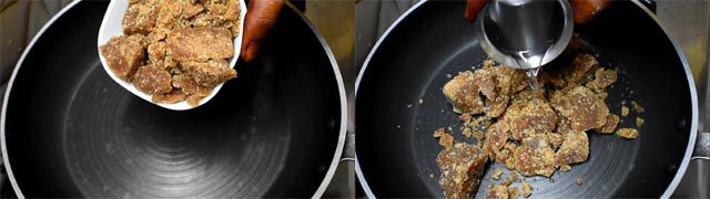 Make jaggery syrup to make Poornalu Recipe.