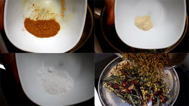 Add turmeric powder, asafetida and salt to make rasam powder