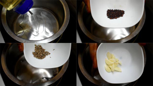 Heat oil in a pan, add mustard seeds, cumin seeds and garlic cloves.
