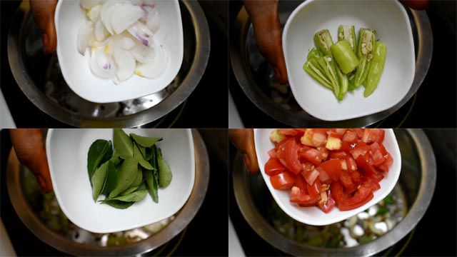 Add onions, green chillies, curry leaves and tomatoes.