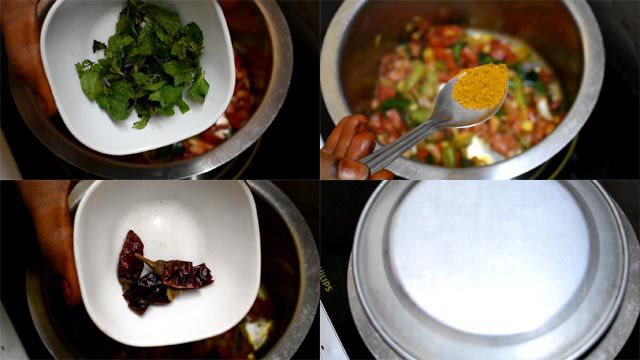 Put mint leaves, turmeric powder, dry red chillies and mix well.