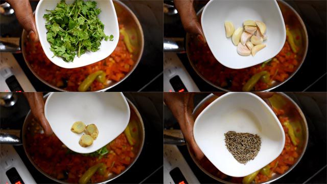 Put coriander leaves, garlic cloves, ginger and cumin seeds.