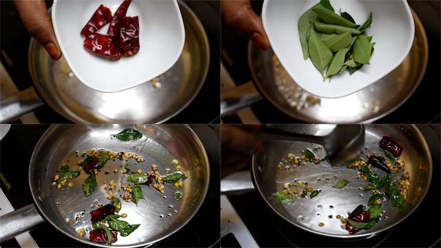 Add dry red chillies, 1 tbsp. curry leaves, a pinch of asafetida and mix well.