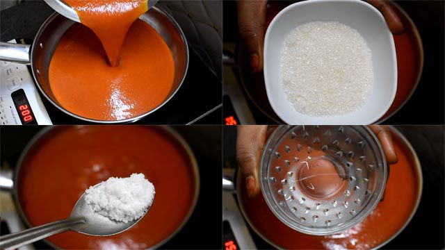 In a pan pour tomato juice, sugar, salt and vinegar.