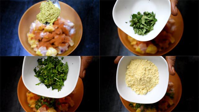 Add ginger-garlic paste, curry leaves, coriander leaves and besan flour.