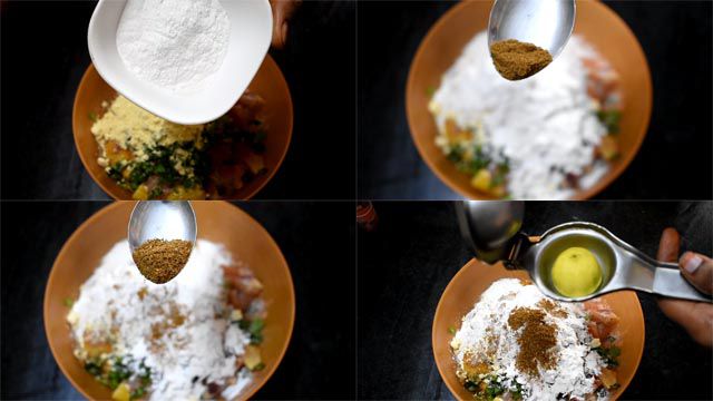 add rice flour, roasted jeera powder, garam Masala powder and lemon juice. Marinate