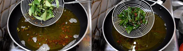 Fry curry leaves and garnish chicken pakodi